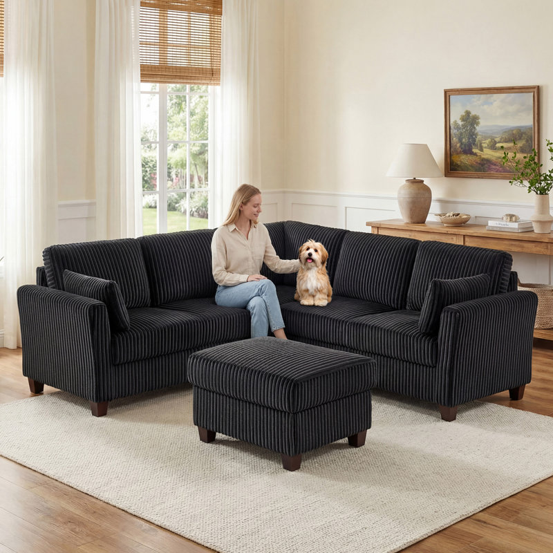 90.6In Corduroy L-Shape Sectional With Storage Ottoman, Black Corduroy