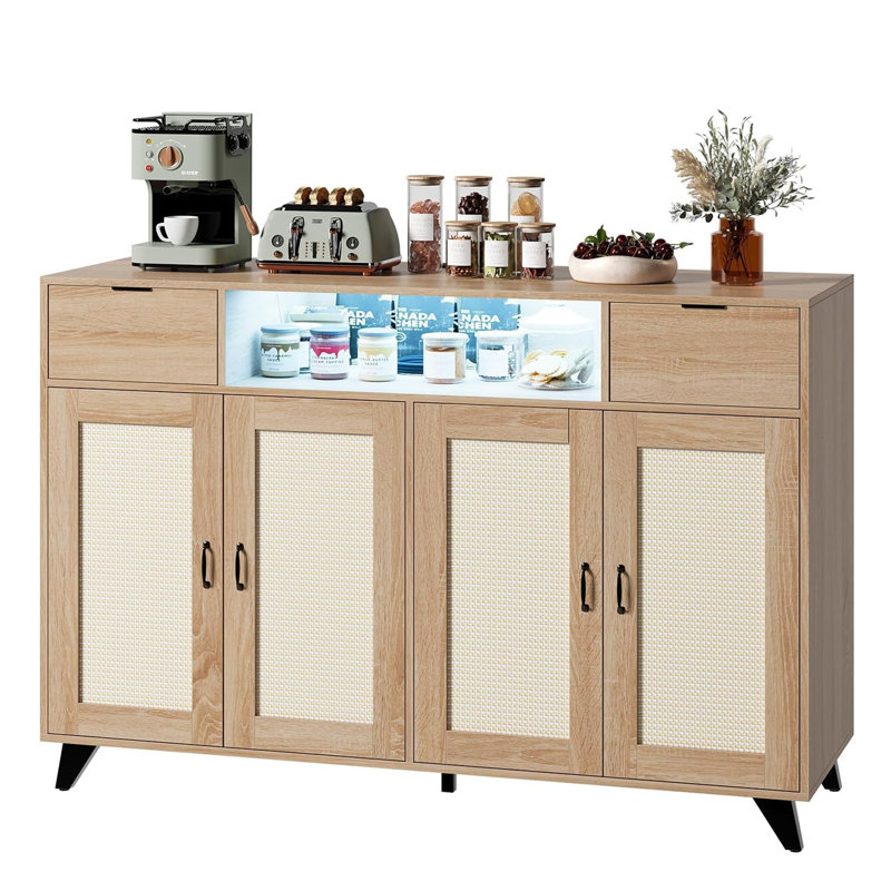 Buffet armoire en rotin avec prise de rangement à 2 tiroirs et lumières DEL, buffet 4 portes en bois Boho pour salon, salle à manger, couloir, entrée