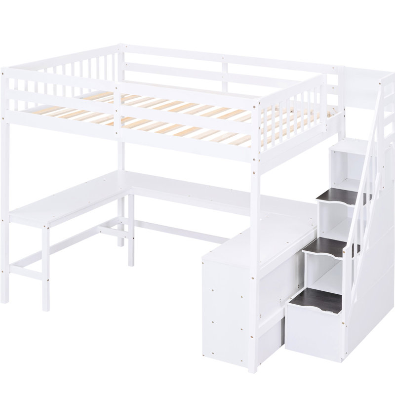 Lit mezzanine double en blanc avec bureau en L, tablettes de rangement et escalier - un espace de vie efficace pour maximiser votre chambre à coucher