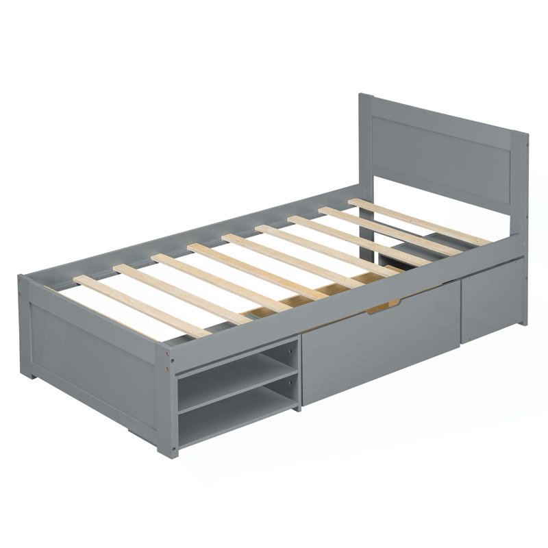 Lit plateforme avec tiroir et deux tablettes, Gris, Lit simple