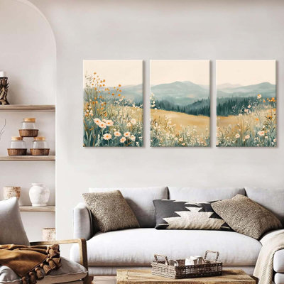 3Pcs Boho Mountains Flower Canvas Wall Art Daisy Wildflower Landscape Pictures Wall Decor Abstract Watercolor Floral Painting Prints Green Natural Scenery Poster Artwork For Living Room Bedroom Office