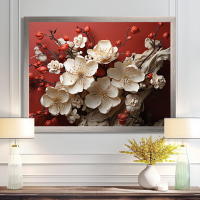 Orchidée blanche et rouge, branches de fleur V - art mural floral abstrait