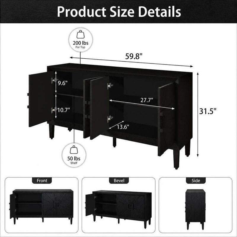 Buffet rustique de style campagnard avec porte à motif soleil symétrique, meuble télé robuste avec étagères réglables, armoire de rangement en bois
