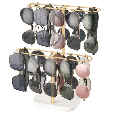 Présentoir à lunettes de soleil à 2 niveaux, pouvant contenir 24 paires de lunettes, avec structure en métal et base en bois, couleur or.