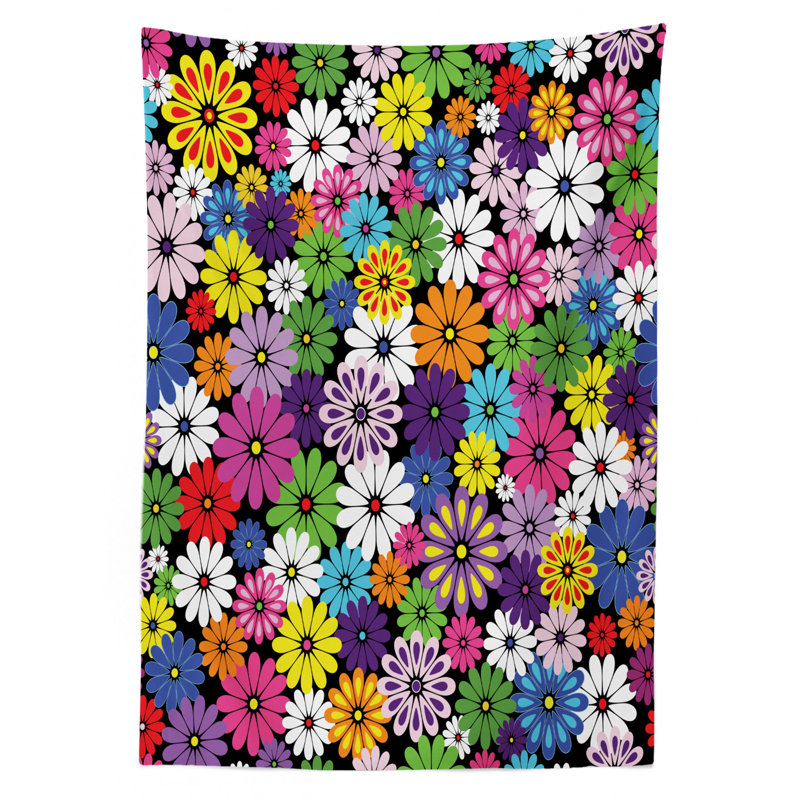 Ambesonne Flower Tablecloth, Floral Vivid Pattern With Colorful Flowers Daisies Wildflowers Cheerful Natural, Rectangular Table Cover For Dining Room Kitchen Decor, 52" X 70", Multicolor