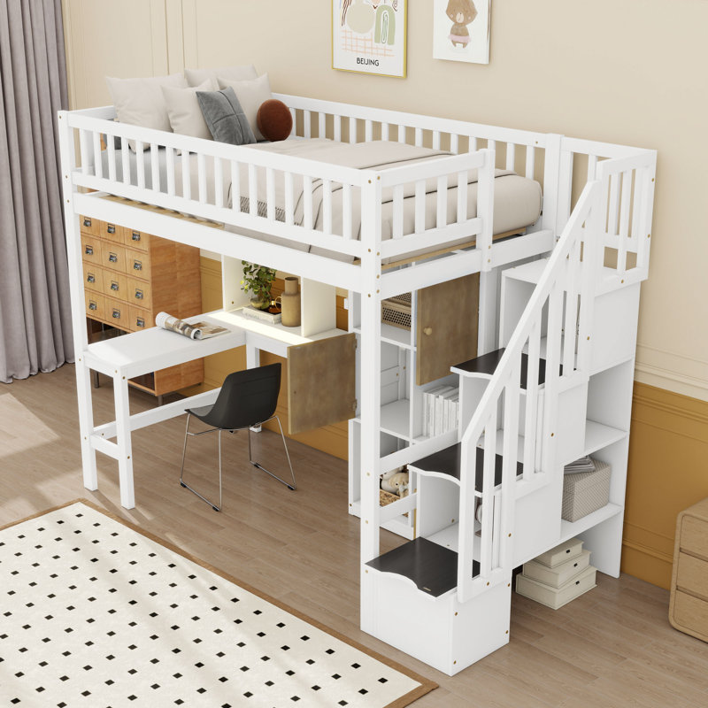 Lit mezzanine simple avec rangement intelligent et bureau à DEL, Blanc