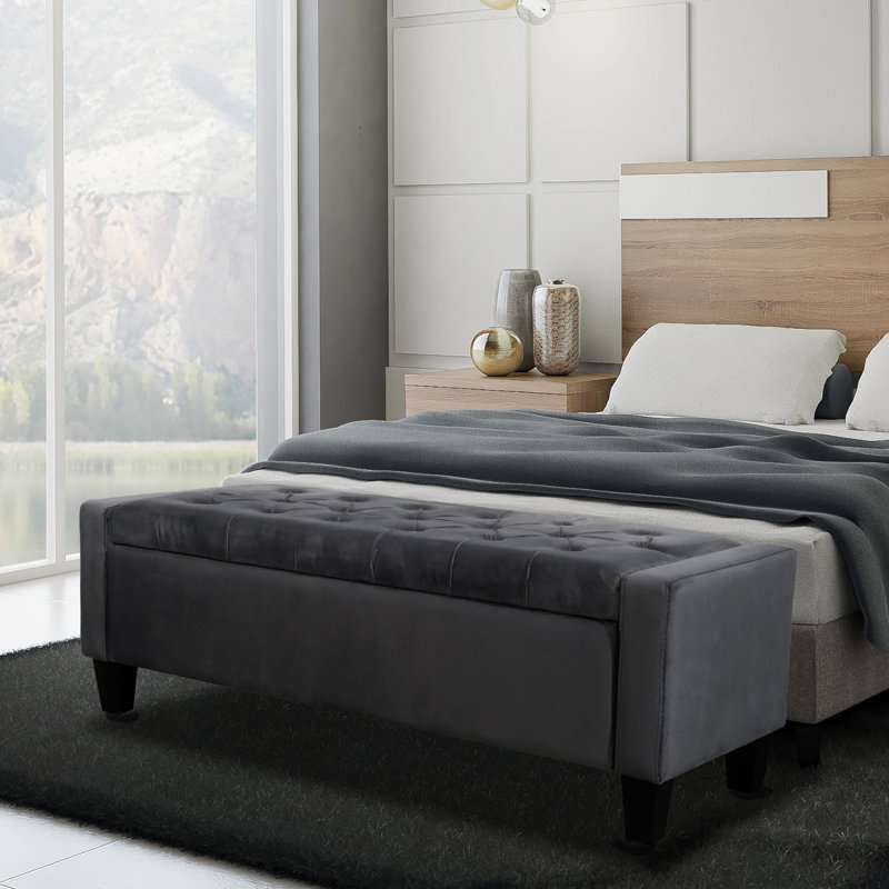 Rondre Velvet Button Tufted Storage Bench, Dark Grey