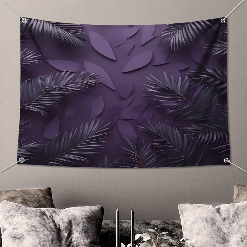 Tapisserie murale feuilles de palmier mauve - décoration murale feuilles, H 68 po x l 80 po avec 4 œillets