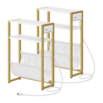 Ensemble de 2 tables d'appoint étroites avec station de charge, table de bout à 3 niveaux avec tablettes en bois et toile en tissu, table de chevet peu encombrante pour le salon, la chambre à coucher et les petits espaces