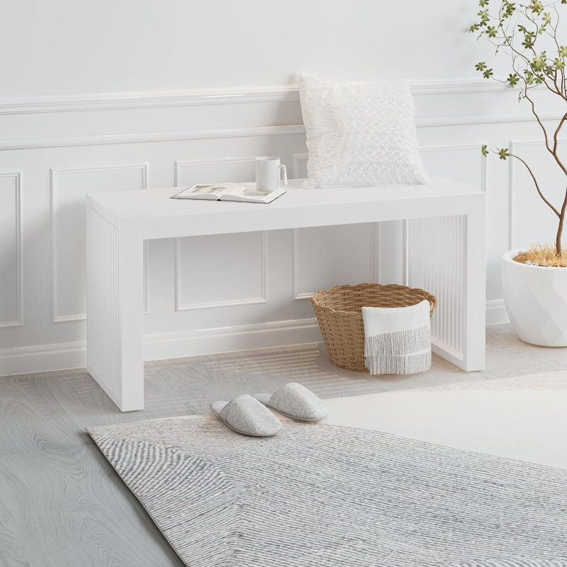 Seamas Bamboo Bench, Farmhouse Dining Bench Entryway Bench for Living Room, Hallway, Bedroom, Bathroom, White