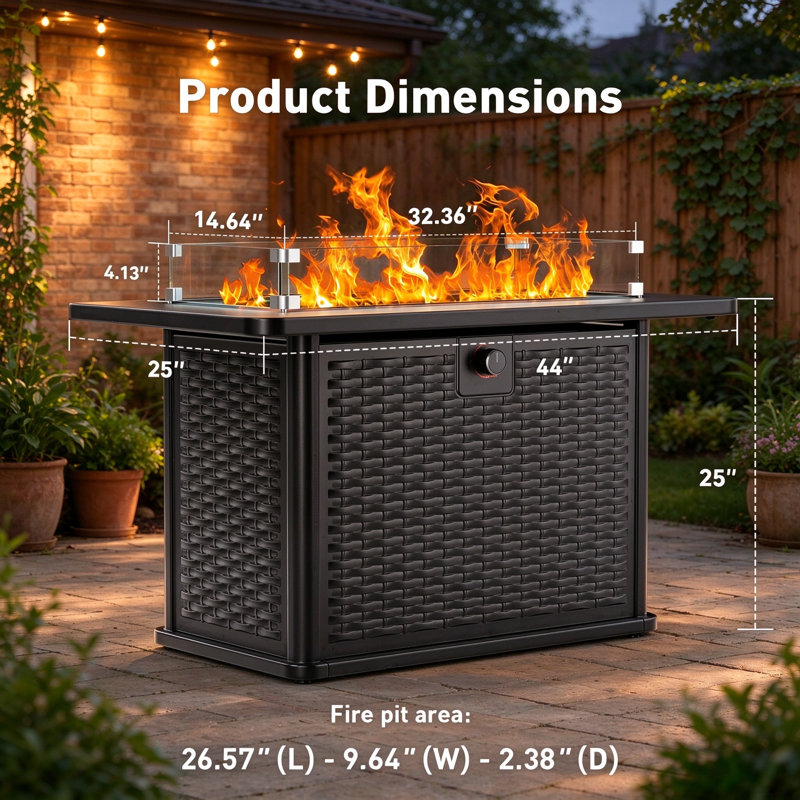 	43" Fire Pit Table Propane Outdoor Fireplace with Glass Rocks, Rain Cover ,Glass Wind Guard,Removabl