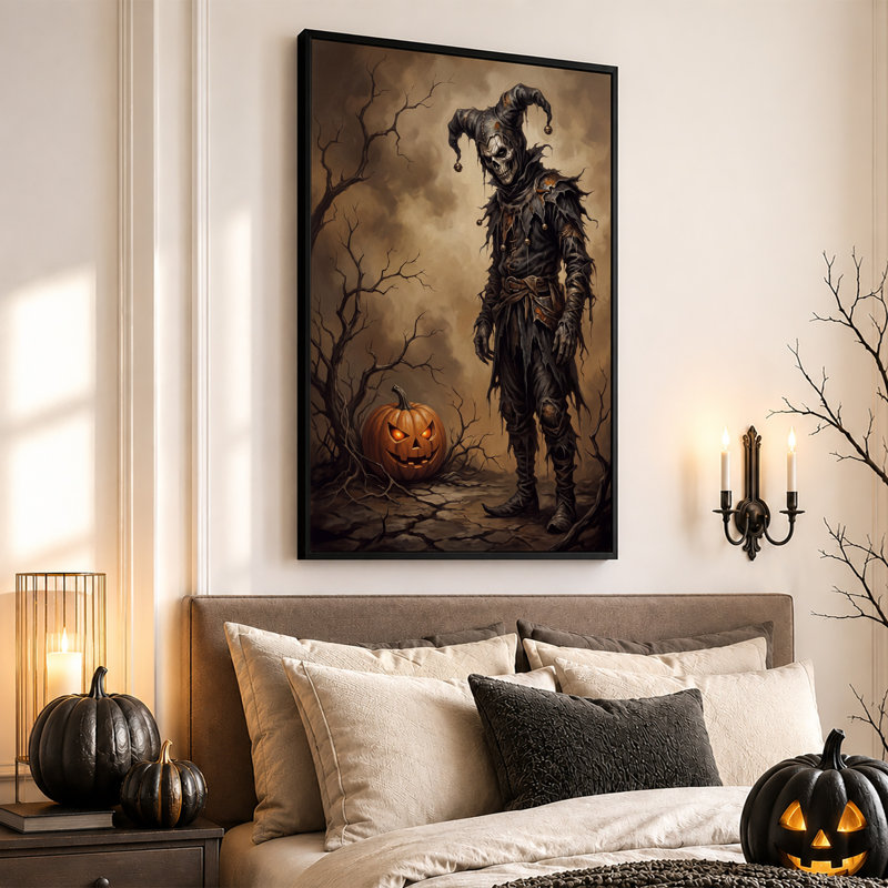 Bouffon squelette sombre avec citrouille lumineuse et toile murale d'Halloween, H 36 po x l 24 po
