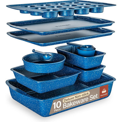 Ensemble de plats de cuisson 10 pièces Blue Marble - Poêles antiadhésives en acier au carbone, empilables, lavables au lave-vaisselle, résistantes aux taches, allant au four jusqu'à 450 ° F