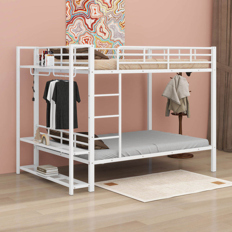 Full Size Metal Bunk Beds With Side Storage System LED Light And Clothes Hooks, White