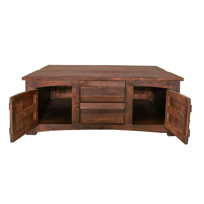 Rustic Deep Brown Pine Wood Cocktail Table with Storage
