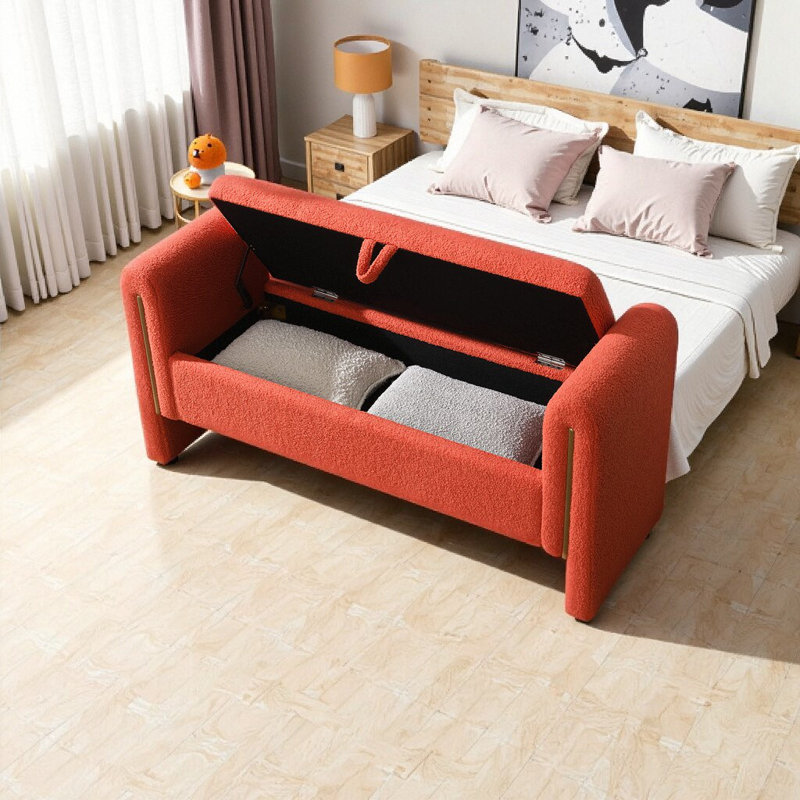 Modern Teddy Bed End Bench with Arms and Storage, Comfy Upholstered Foot Rest Stool for Living Room, Bedroom, Dorm, and More