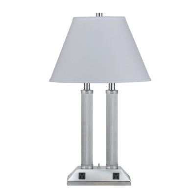 60W x 2 Metal Desk Lamp 27"H Chrome With White Fabric Shade 3 Way Push Button 2 Outlets