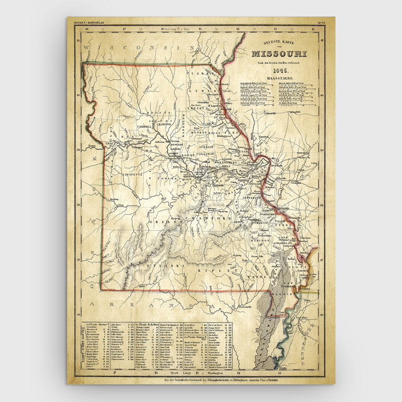 Carte antique, Missouri II, impression sur toile, H 24 po x l 32 po x P 1,5 po