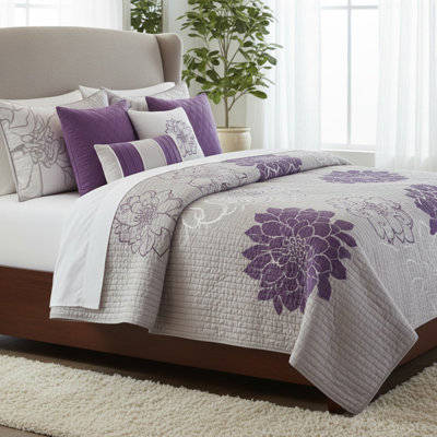Ensemble de courtepointe en coton imprimé 6 pièces avec coussins décoratifs gris taupe / mauve double / grand