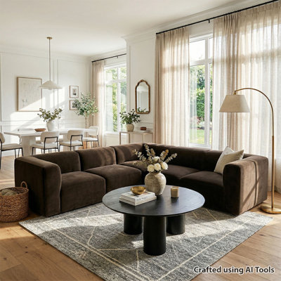Modern Modular L-Shaped Sectional Sofa with Round Coffee Table, Performance Velvet, Deep Seating