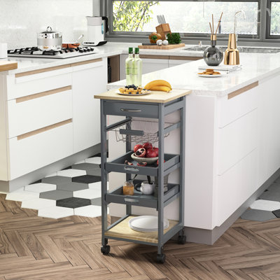 Chariot pour îlot de cuisine roulant avec tiroir, rangement et plateaux grillagés, panier mobile gris sous le tiroir,