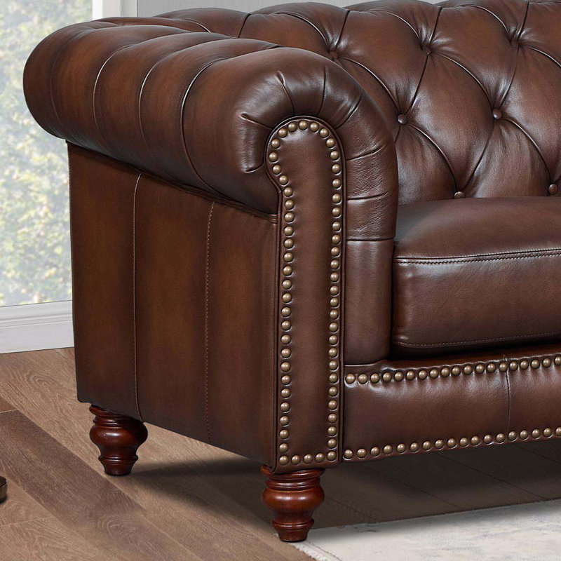 Caramel Brown Leather Tufted Chesterfield Sectional Sofa with Rolled Arms