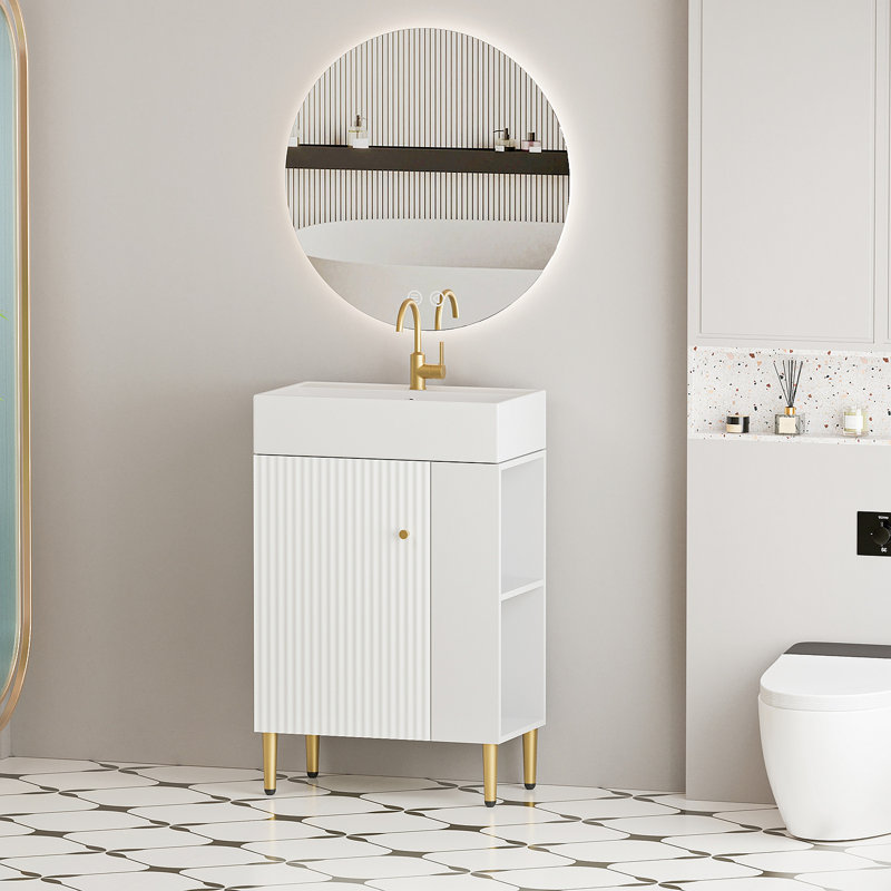 Meuble-lavabo à tablettes ouvertes de 21,6 po avec lavabo en céramique et porte à fermeture douce, armoire de rangement à tablettes ouvertes sur le côté droit, assemblage requis, blanc 24VB06-21WHR