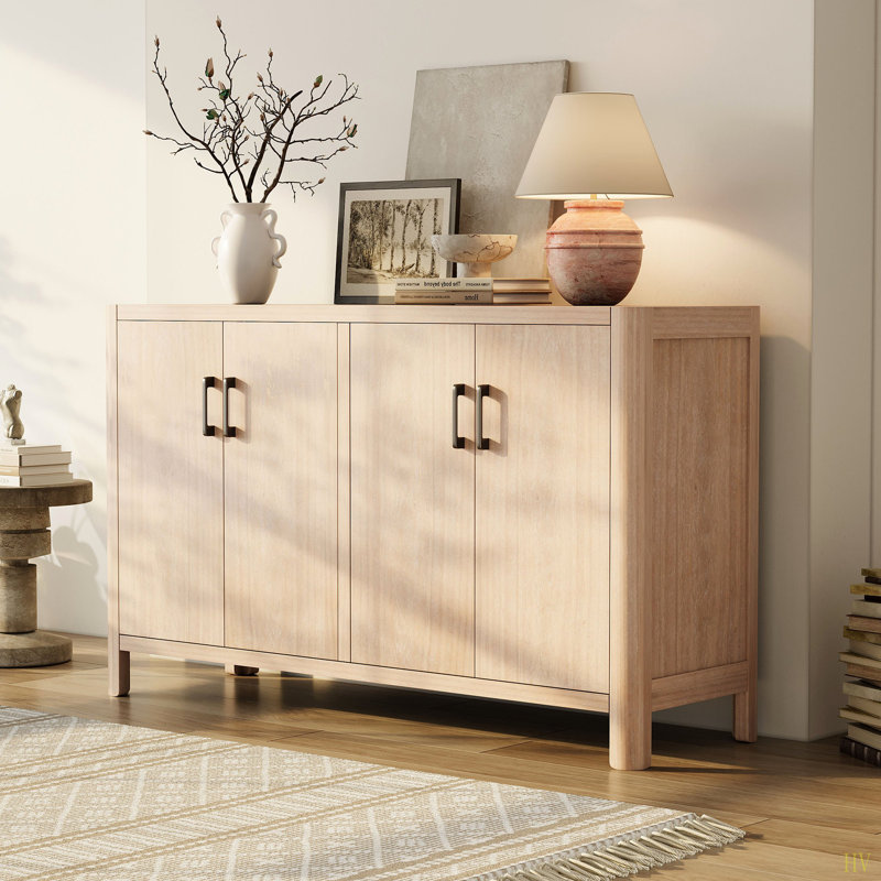 Farmhouse Style 4-Door Cabinet With  Distressed Finish, A Rustic Accent For Entryways Or Small Spaces, Natural