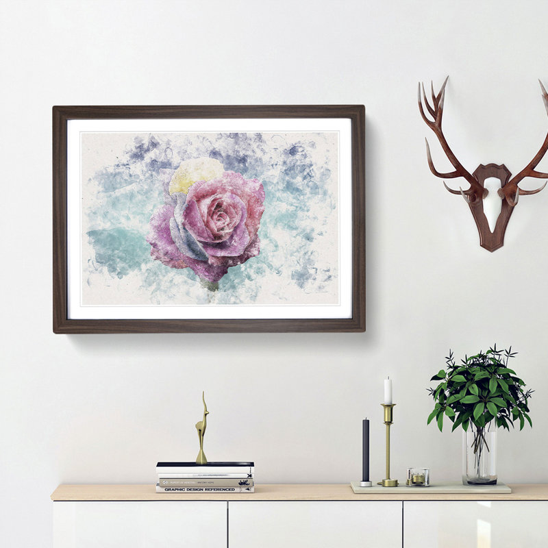 Multicoloured Rose Flower - Picture Frame Graphic Art Print, 62cm H x 87cm W x 2cm D, Walnut Framed