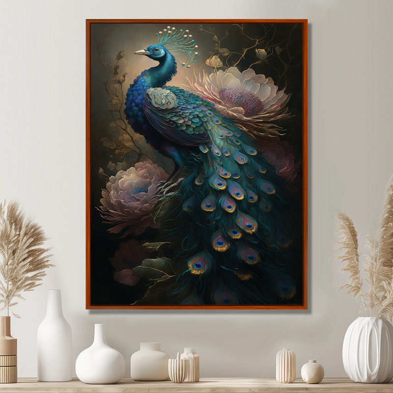 Paon avec fleurs - reproduction sur toile, H 32 po x l 24 po, Reproduction avec cadre flottant, Brun