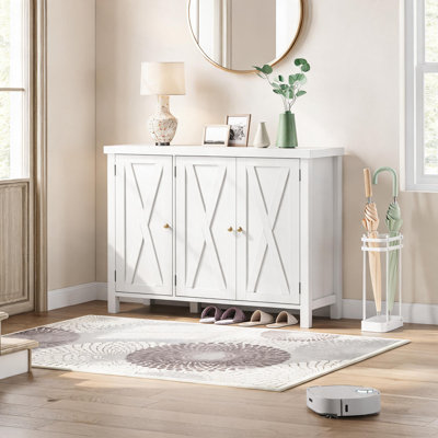 Spacious Shoe Storage Cabinet – 3 Barn Doors, 4-Tier Adjustable Shelves, Large Capacity Organizer, Freestanding Entryway Console – Farmhouse Style – White