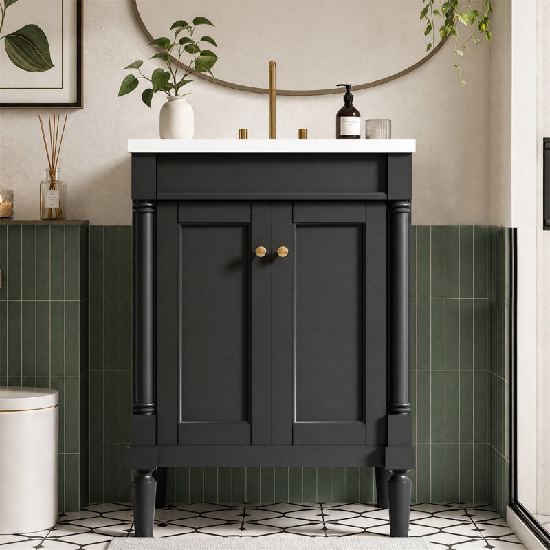 Meuble-lavabo de salle de bain de 61 cm (24 po) avec lavabo intégré et armoire de rangement à 2 niveaux, noir, Noir
