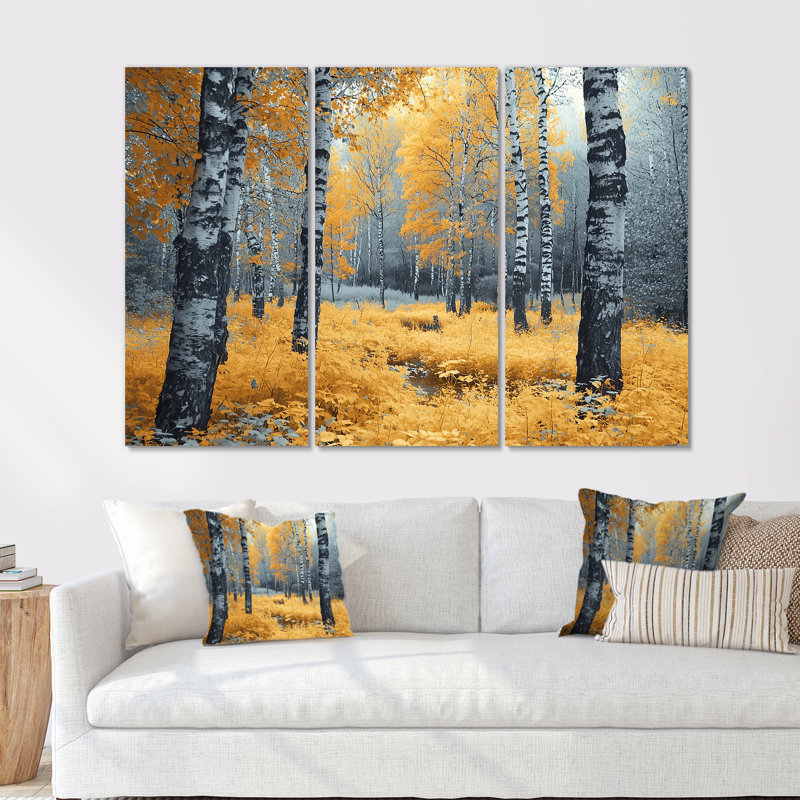 Autumn Birch Trees Forest Panorama - ensemble de décoration murale forêt, Métal métal, H 32 po x l 48 po x P 1 po