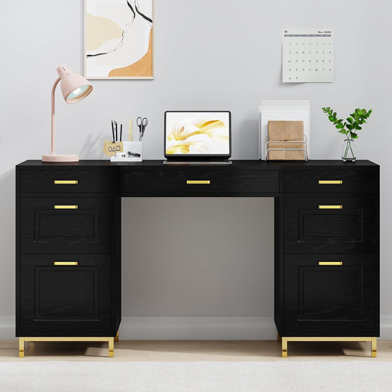 Computer Desk with 7 Drawers, 57 Inch Home Office Desk with File Drawers,Executive Desk with Golden Legs and Handles, Black