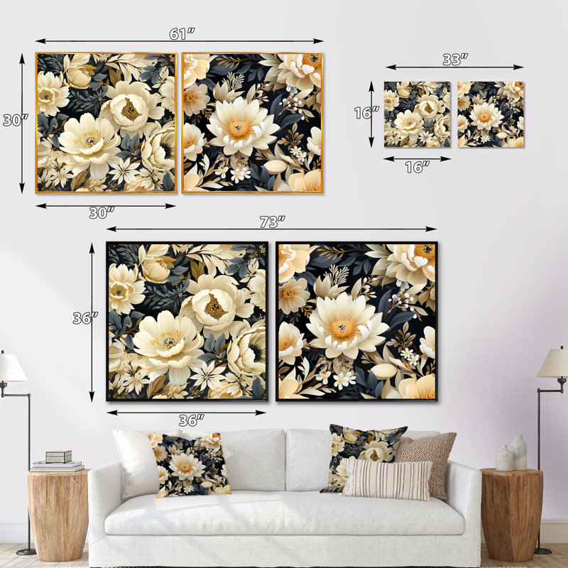 Pétales de fleurs blanches au paradis - ensemble de 2 collages floraux carrés, Cadre flottant noir, H 36 po x l 73 po