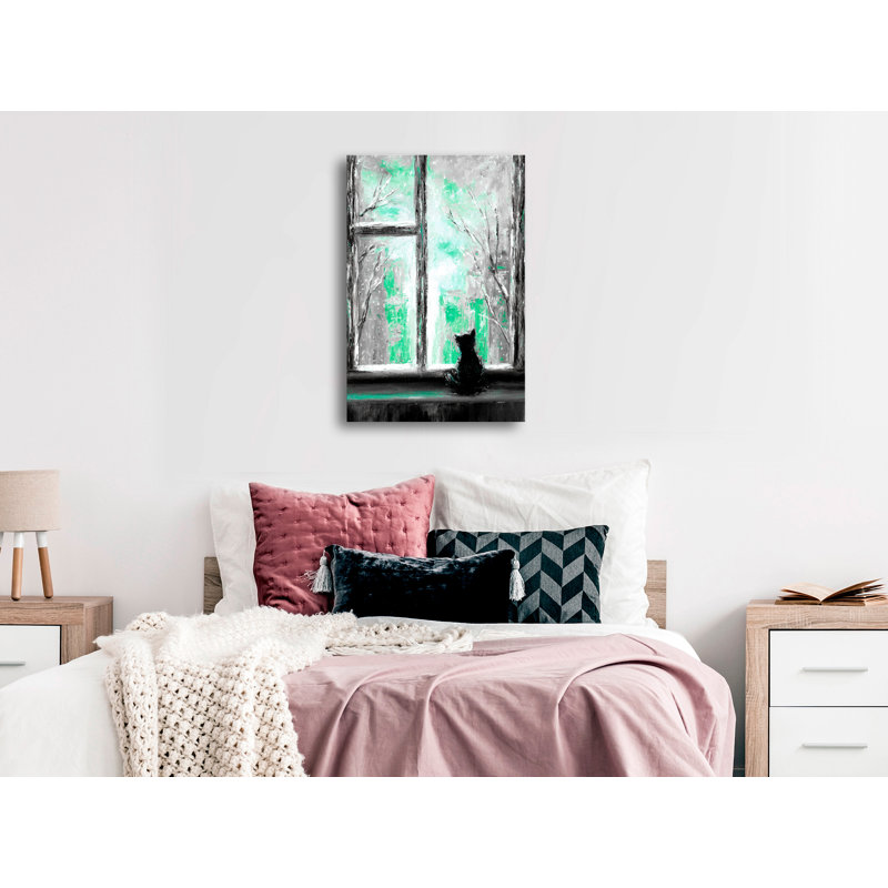 Longing Kitty - Painting on Canvas, 120cm H x 80cm W x 1.3cm D, Black/Green