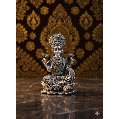 Petite statue de 4 pouces déesse Kamalasini Lakshmi en laiton plaqué argent