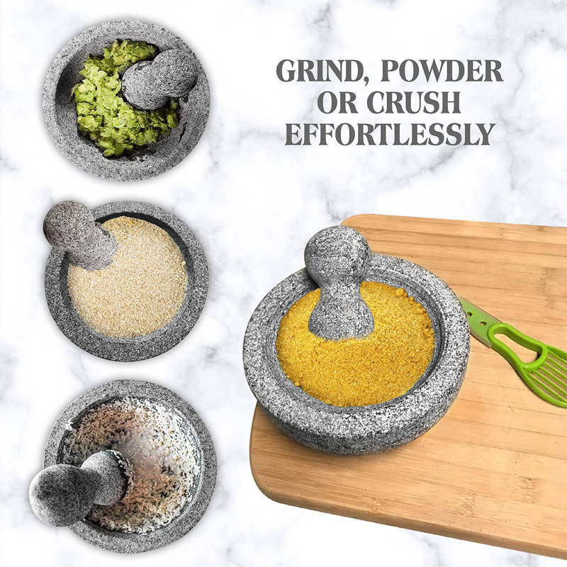6-Inch Gray Granite Molcajete with Pestle for Grinding and Mashing