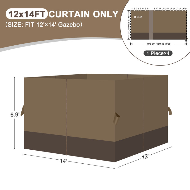 Aoodor Replacement 4-Panel Gazebo Sidewall Curtains, Light Coffee and Coffee, 82.7" H x 144" W x 168" D