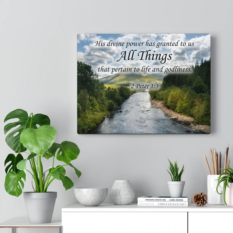 Toutes les choses 2 Peter 1: 3 Christian Home Decor Wall Art Scripture prêt à accrocher
