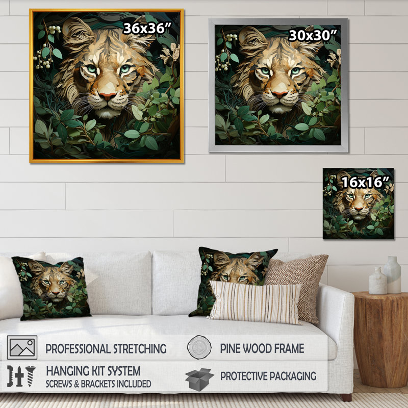 Portrait de lion dans un feuillage vert - lion, décoration murale animal, Cadre flottant noir, H 30 po x l 30 po x P 1,5 po
