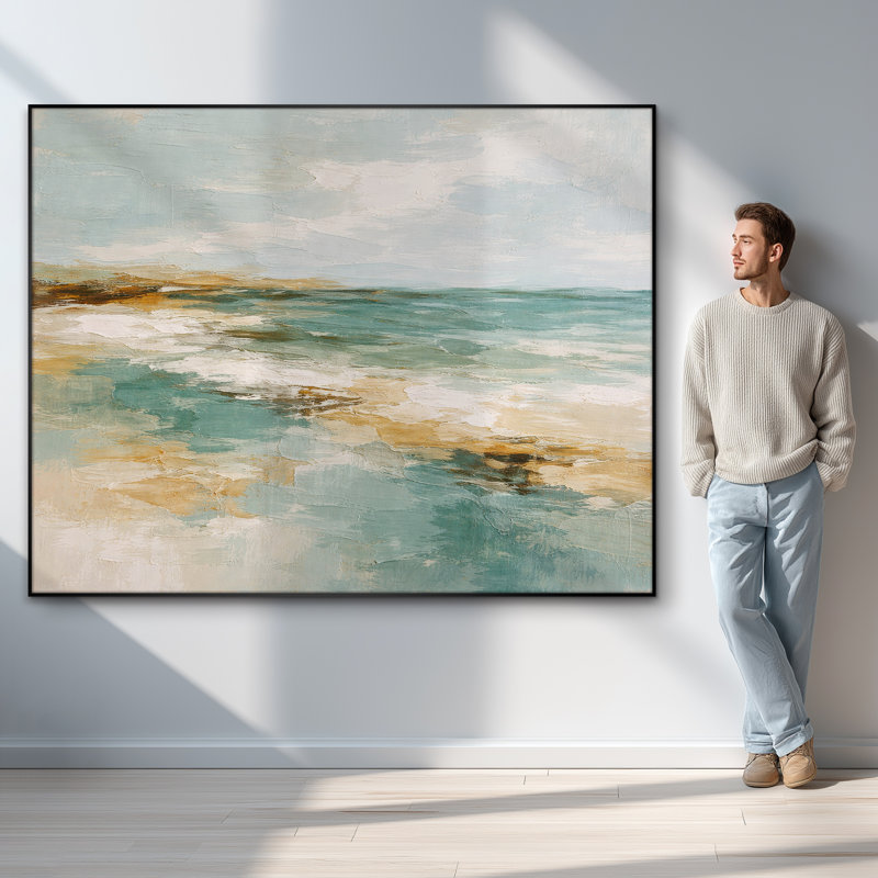 Très grande reproduction d'art sur toile - Paysage marin abstrait bleu sarcelle avec sable et ciel pour le salon - "Assemblage requis du cadre (cadre non fini)"