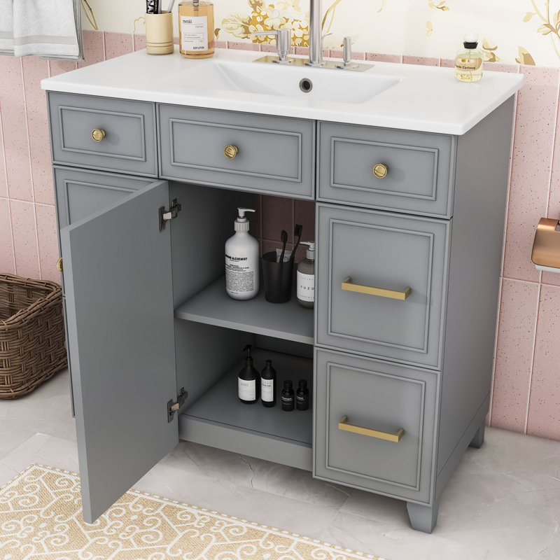 Meuble-lavabo chic 36 po avec comptoir en céramique, armoire à fermeture douce et 3 tiroirs, Gris