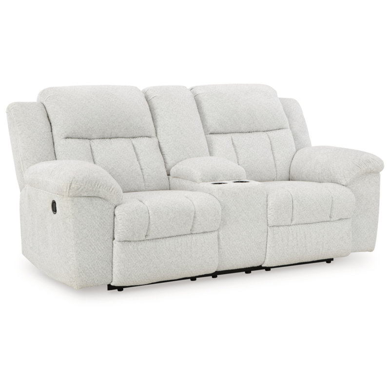Snow White Fabric Reclining Loveseat with Console and Ottoman