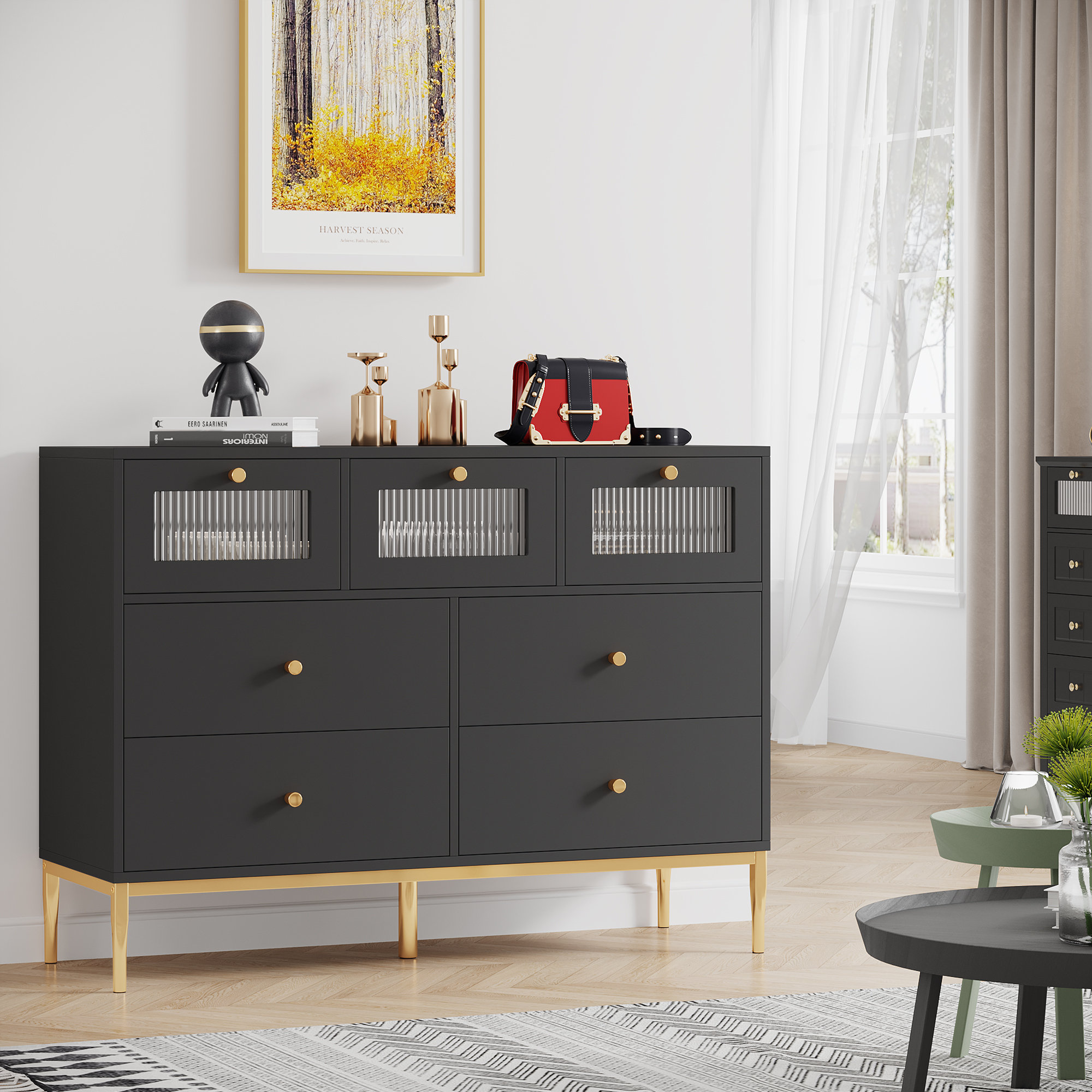 Mercer41 43.3 W 7 Drawer Dresser With Glass Drawers