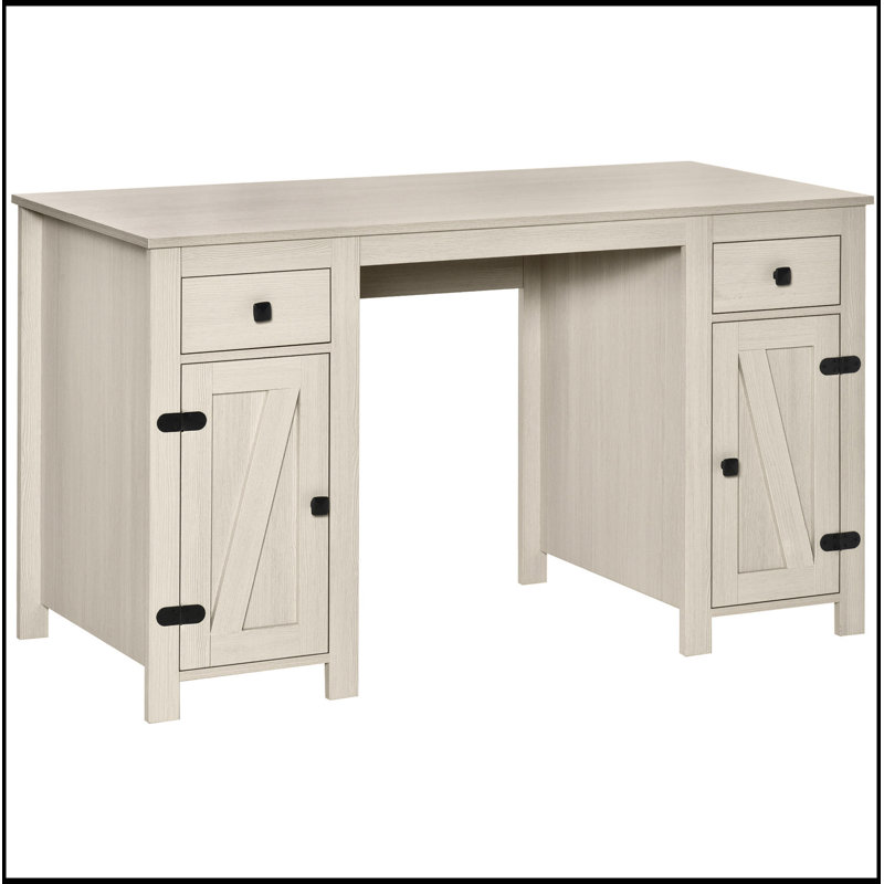 Bureau d'ordinateur de ferme avec rangement, blanc crème, 2 tiroirs et 2 armoires pour espaces de travail organisés
