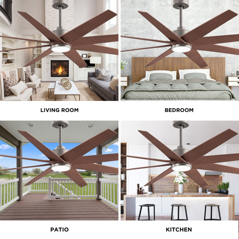 Ariella - Eight Blade Ceiling Fan - Integrated LED - Matte Black Finish - Matte White Blades, Walnut Tone, Brushed Nickel