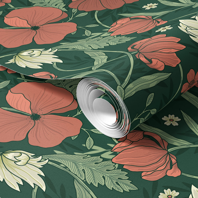 Papier peint floral vert, H 125 po x l 25 po, vinyle autocollant, 125"H, Vinyl Peel and Stick