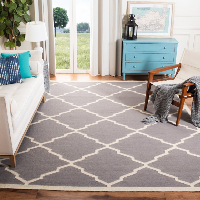 Brambach Hand Woven Flat Weave Wool/Cotton Geometric Rug in Gray, Rectangle 4' x 6'