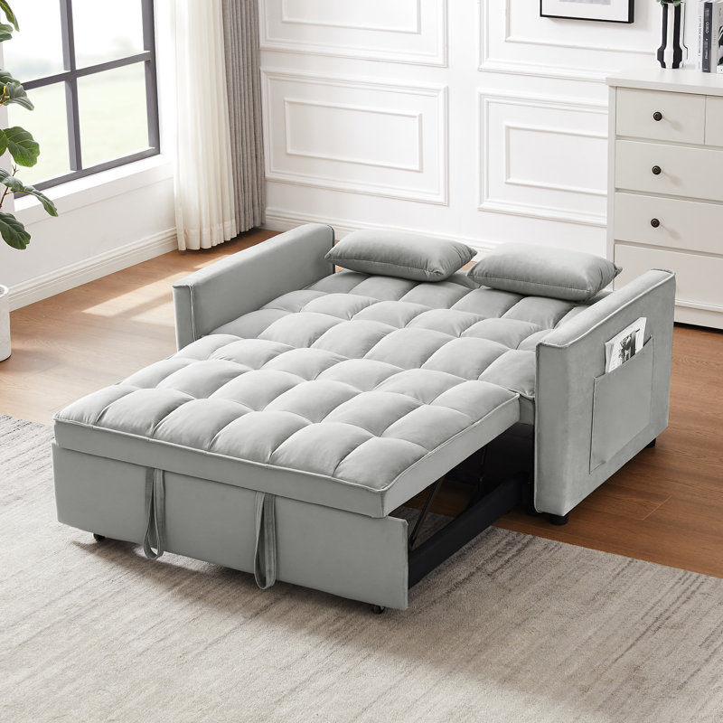 Canapé-lit en velours convertible avec lit escamotable et coussins confortables, canapé 3 en 1 gris réglable